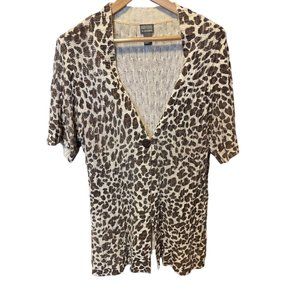 Chico’s Additions Spotted Animal Print Short Sleeved Single Button Sweater Sz XL